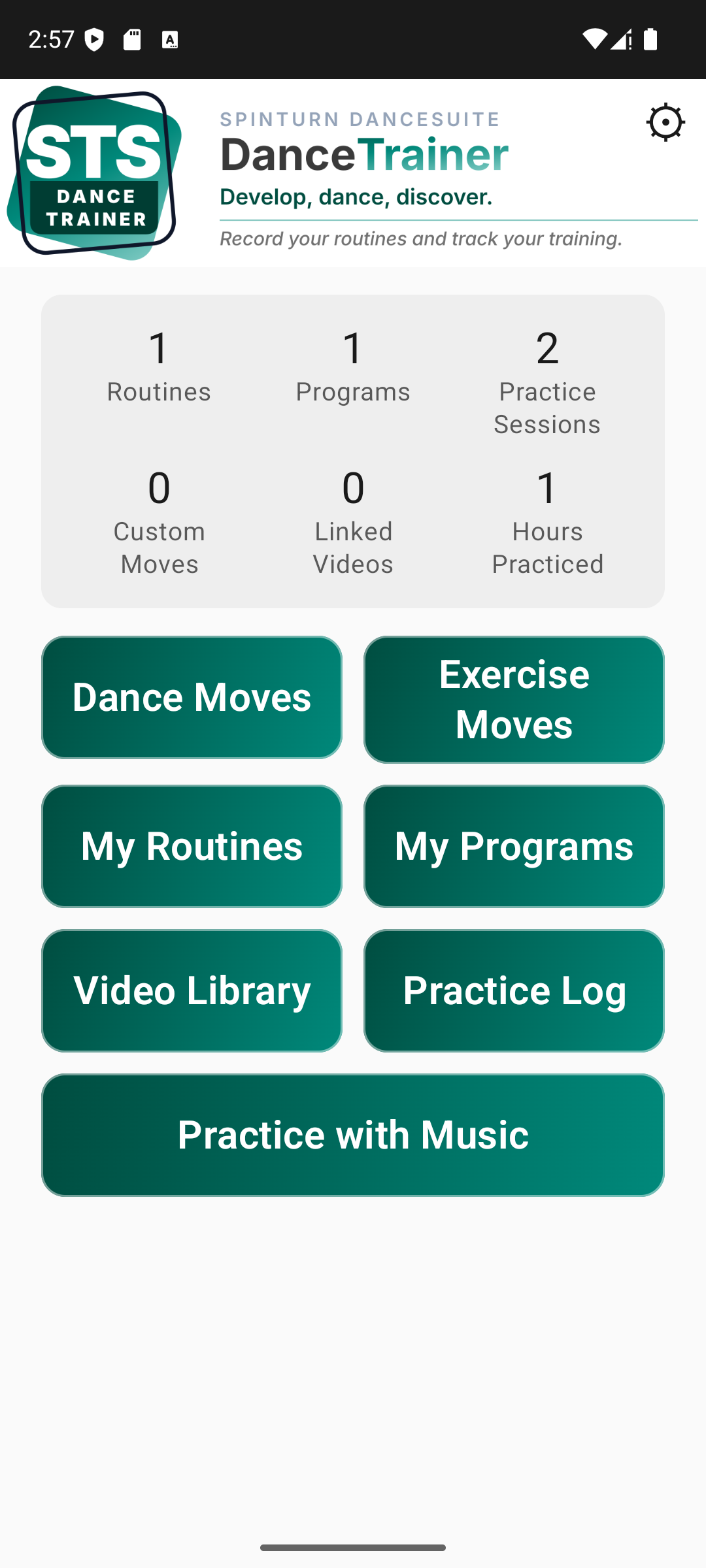 DanceTrainer app home screen showing routines, programs, and practice stats