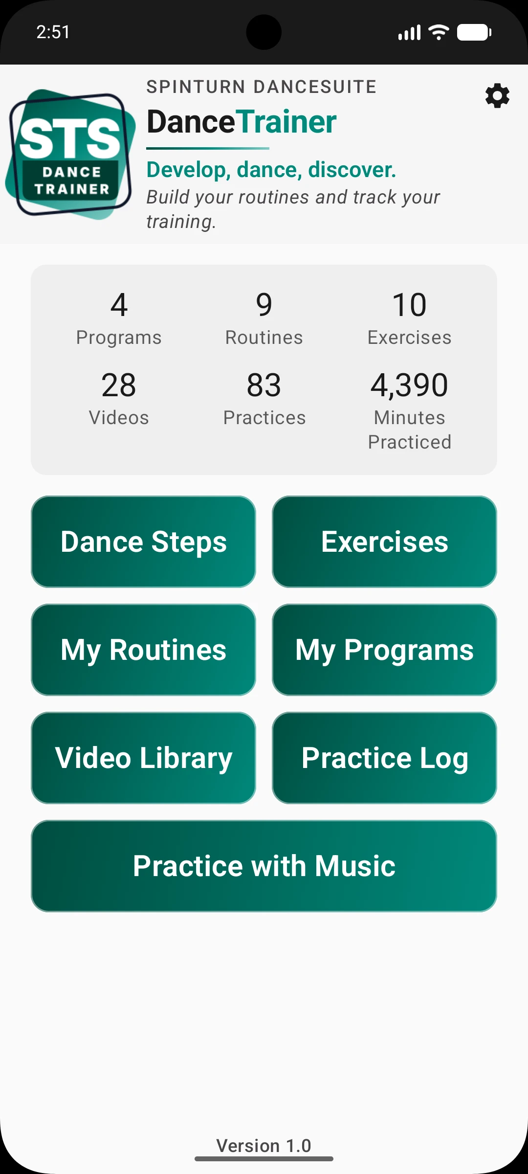 DanceTrainer app home screen showing routines, programs, and practice stats